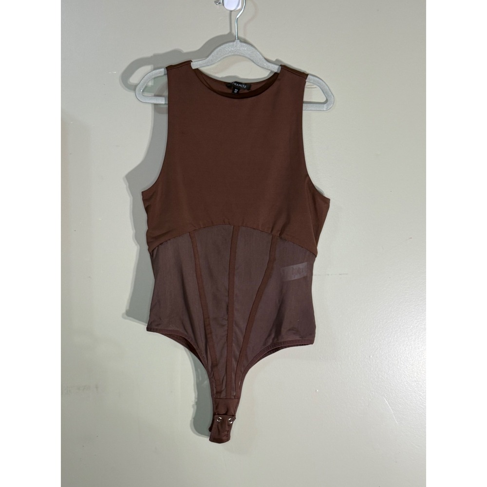 Dynamite Brown Corset Mesh Panel Sleeveless Bodysuit Small P/S